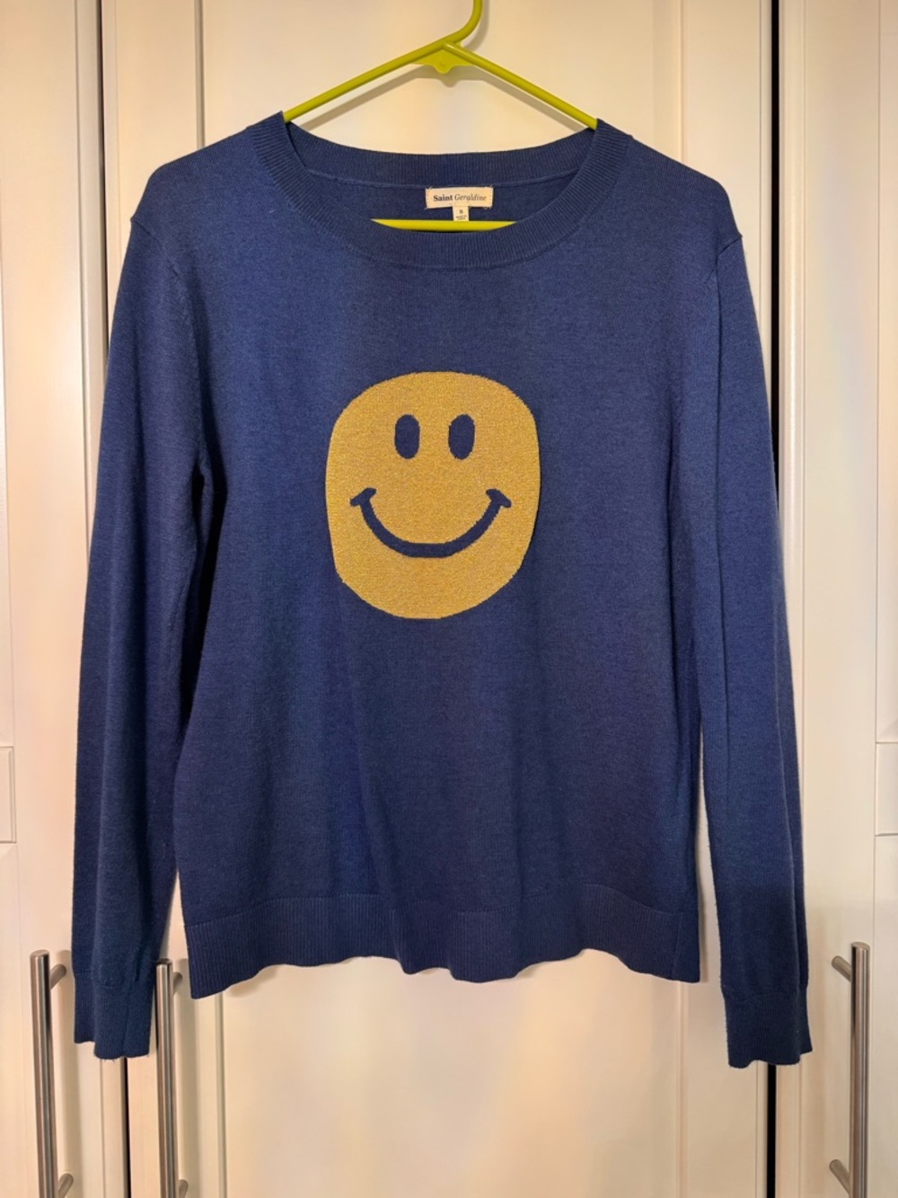 Saint Geraldine Smiley Face Sweater Blue Cashmere Blend Knit Pullover Size S